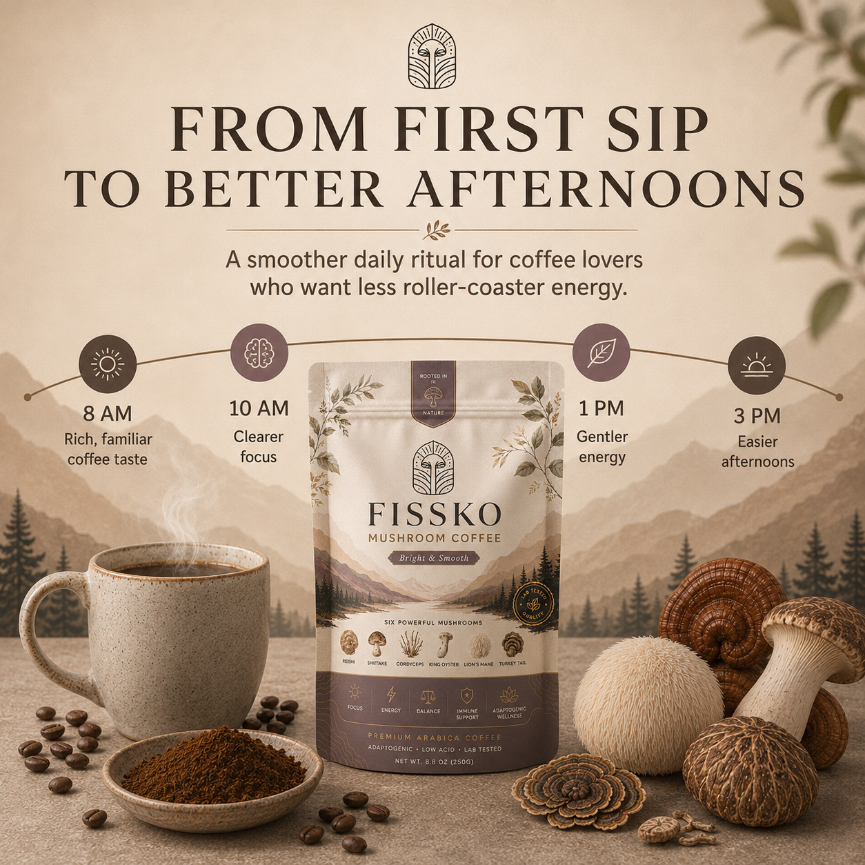 FISSKO Six Mushrooms. One Cup.