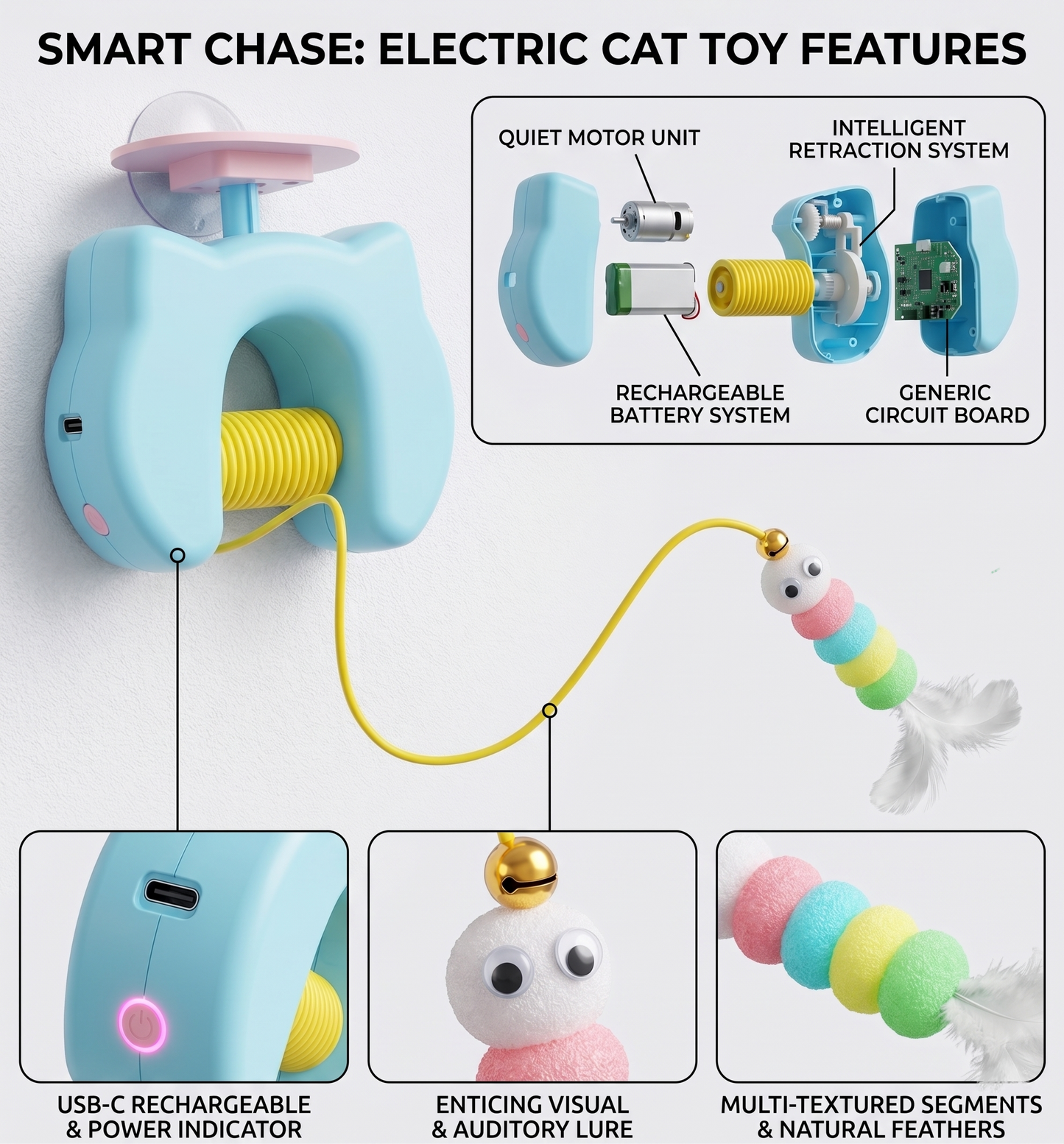 Smart Yoyo Cat Toy, Door Hanging Auto Swing with Feather Caterpillar